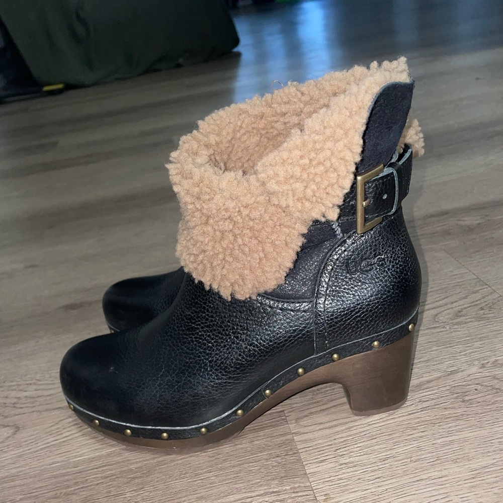UGG Amoret women’s black leather sheep shearling platform boots